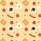 Seamless pattern with eggs and fried sausages, tomato, toast, and a cup of coffee. Breakfast wallpaper on yellow