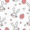 Seamless pattern with eggs, hearts and bunnies. Easter holiday pink, black and white background for printing on fabric, textile, p