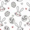 Seamless pattern with eggs, hearts and bunnies. Easter holiday pink, black and white background for printing on fabric, textile, p