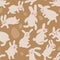 Seamless  pattern with eggs and rabbits on brown background. Hares jump all around and collect Easter eggs. Kawaii pattern