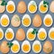 Seamless pattern with eggs, yolks and parsley leaves.