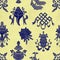 Seamless pattern with eight blue auspicious symbols of Buddhism on texture