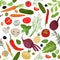 Seamless pattern with elements for cooking. Vegetables whole and in pieces and herbs. Hand drawn elements with textures