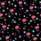 Seamless pattern with embroidered pink and blue flowers on black background. Print for fabric, textile, wrapping paper