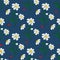 Seamless pattern embroidered stitch daisy flowers and ladybugs on a blue background. Vector