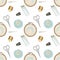 Seamless pattern of embroidery elements embroidery hoop, embroidery, needles, threads, thimble and scissors