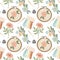 Seamless pattern of embroidery and needlework elements embroidery hoop, floral embroidery, needles, threads
