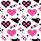 Seamless pattern with emo elements. Y2k style. Hearts in chessboard, XoXo, sneakers, skulls. Black and pink. Vector flat illustrat