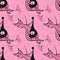 Seamless pattern, endless texture on a square background - cat with guitar and dancing mice - graphics. Party, fun