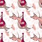 Seamless pattern, endless texture on a square background - cat with guitar and dancing mice - graphics. Party, fun