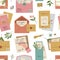 Seamless pattern of envelopes with seals and stamps, romantic postcards and letters