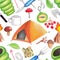 Seamless pattern with equipment for camping, hiking, climbing and expeditions. Watercolor hand drawn illustration