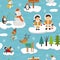 Seamless pattern with Eskimos and arctic animals on ice floes