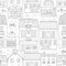 Seamless pattern with European houses. Cute Dutch buildings with shops, bookstore, cafe, coffee shop. Contour monochrome