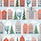 Seamless pattern with european residential houses and streets. Historic architecture.