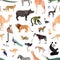 Seamless pattern with exotic animals and birds on white background. Backdrop with wild fauna of African tropical jungle