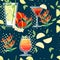 Seamless pattern exotic cocktails in transparent glass with tropical flowers vector illustration on dark background
