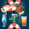 Seamless pattern exotic cocktails in transparent glass with tropical flowers vector illustration on dark background