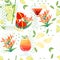 Seamless pattern exotic cocktails in transparent glass with tropical flowers vector illustration on white background