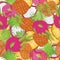 Seamless pattern of exotic fruits picture. Slice pineapple and dragon fruit on the bright background.