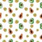 Seamless pattern, exotic fruits on a white background, avocado slices, kiwi, cartoon style