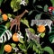 Seamless pattern with exotic trees, plants, and animals, birds on black background.