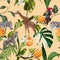 Seamless pattern with exotic trees, plants, and animals, birds on orange background.
