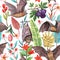 Seamless pattern with exotic tropical fruits , flowers and cute flying foxes, fruit bats.