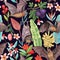 Seamless pattern with exotic tropical fruits , flowers and cute flying foxes, fruit bats.