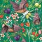 Seamless pattern with exotic tropical fruits , flowers and cute flying foxes, fruit bats.