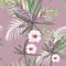 Seamless pattern with exotic tropical palms and hibiscus flowers.