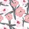 Seamless pattern with exotic tropical palms and hibiscus flowers. White background.