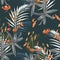 Seamless pattern with exotic tropical palms and lilies flowers on the dark background.