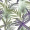 Seamless pattern with exotic tropical plants. Green and violet palm leaves on the black background.