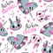 Seamless pattern with faces of squirrel and rainbow unicorn. Fashion kawaii animal. Vector illustration