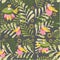 Seamless pattern with fairy birds. Crow and Pelican in a forest glade. Botanical background for children`s room, books, fabrics, c