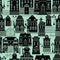 Seamless pattern with fairy tale houses, lanterns, trees.