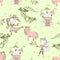 Seamless pattern fairyland with princesses and princes with dragons and castles. Vector