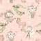 Seamless pattern fairyland with princesses and princes with dragons and castles. Vector