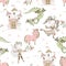 Seamless pattern fairyland with princesses and princes with dragons and castles. Vector