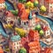 Seamless pattern with fairytale city buildings, cartoon cityscape. Design for gift wrap. Generative AI