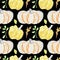 Seamless pattern with fall pumpkins drawn with child`s wax crayons on black background.Thanksgiving food print