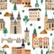 Seamless pattern with famous Czech buildings on white background. Endless repeatable texture with Prague architecture