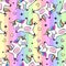 Seamless pattern with fantastic unicorn on rainbow background. Cartoon children background