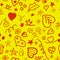 Seamless pattern fantasy curl heart leaf star, red yellow color. Pattern of small design elements