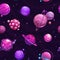 Seamless pattern with fantasy purple planets on space baclground.