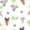 Seamless pattern with farm animals - horses, cows and goats, green leaves .. watercolor illustrations for prints, design, textiles