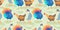 Seamless pattern with farm birds. Rooster, goose, turkey. Vector illustration