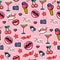 Seamless pattern with fashion patch badges with lips, cocktail, eyes and other elements