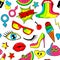 Seamless pattern of fashion patch badges. lips, kiss, heart, speech bubble, star, ice cream, lipstick, eye, shit. Vector